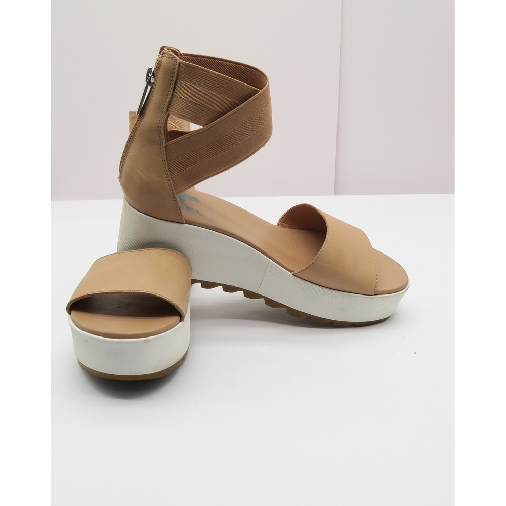Sorel Cameron Flatform Sandal Tan Leather Elastic Ankle Strap Womens 8.5